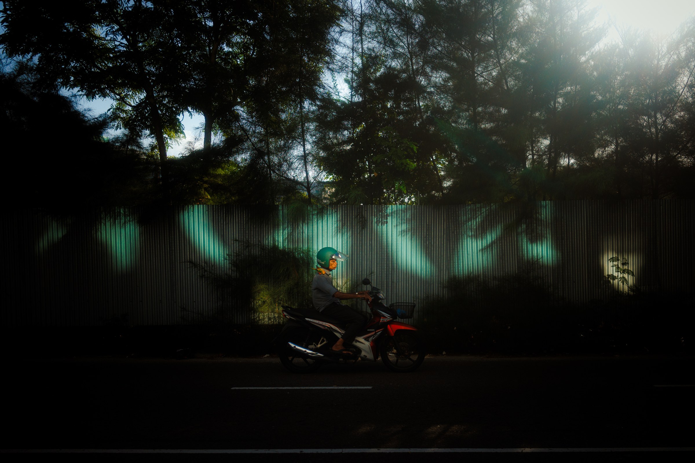 Motorcyclist in a green helmet passing sunlight filtering through trees onto a corrugated green wall