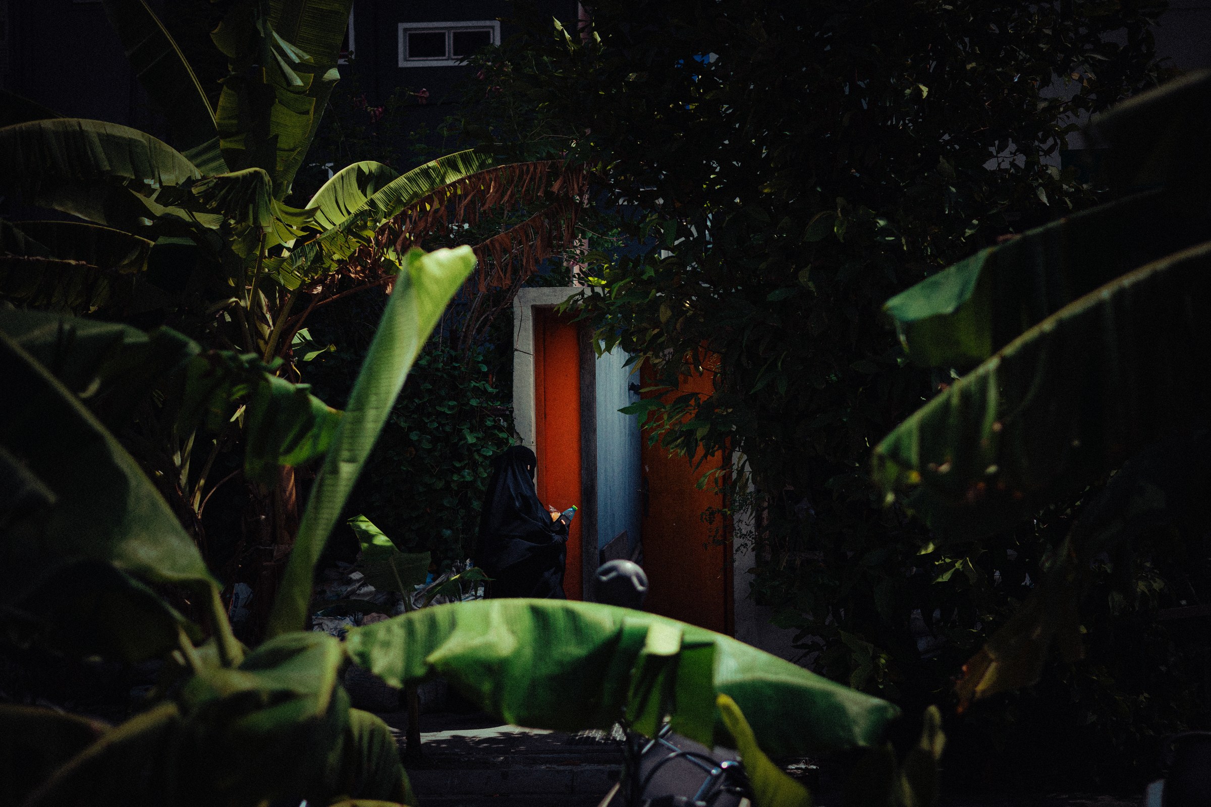 Woman in black abaya at a red-painted doorway framed by dense banana leaves