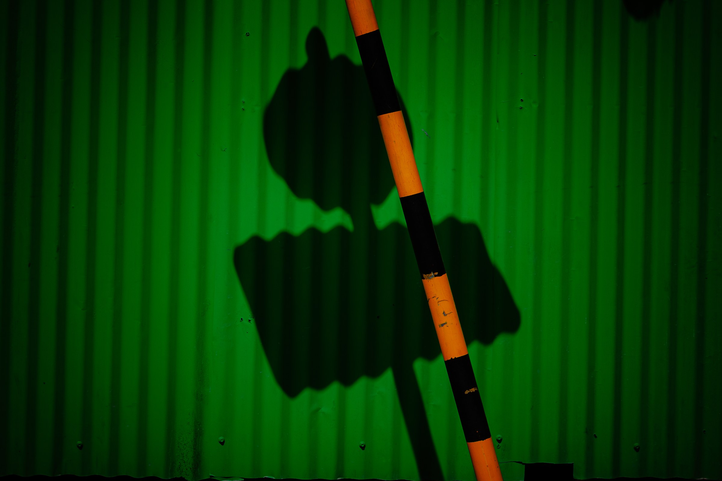 Shadow of a traffic sign cast large on a bright green corrugated wall, orange striped pole in foreground