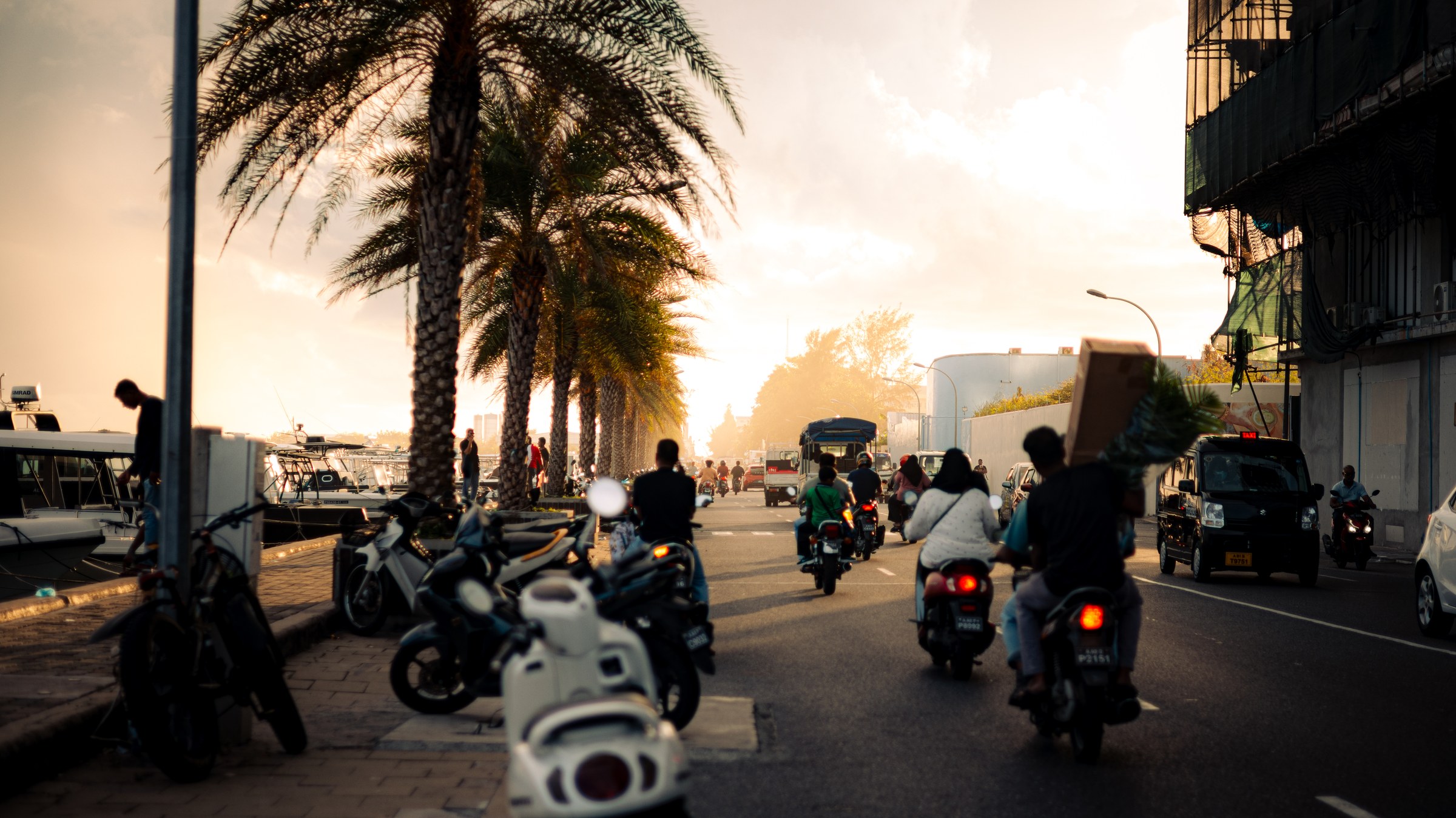 Scooters heading into a hazy golden sunset along the seafront palm road