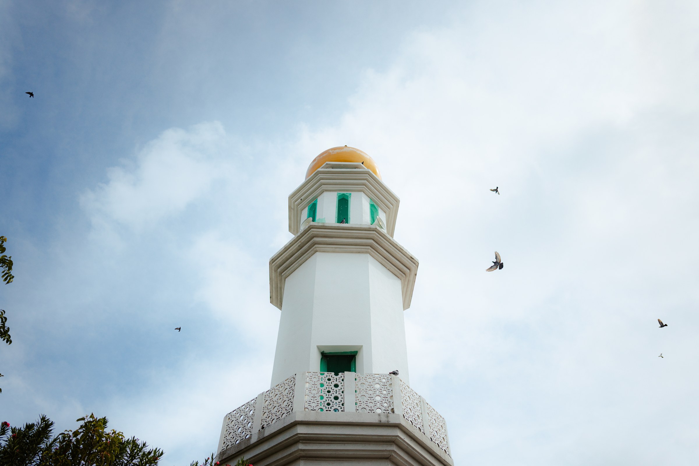 Mosque minaret with a gold dome against a pale overcast sky, pigeons circling in flight